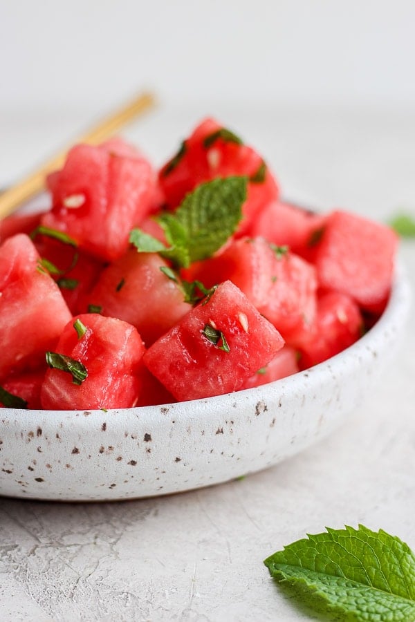 Close up shot of the watermelon mint salad on a plate.