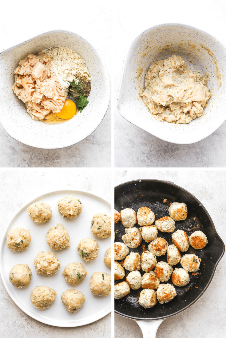 Step-by-step photos showing the process of making greek chicken meatballs. 