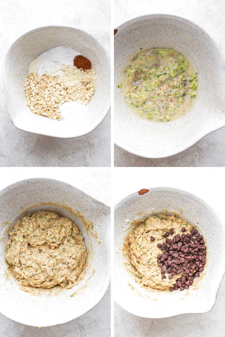 Four images showing the dry ingredients in a mixing bowl, another bowl with the wet ingredients, the wet and dry combined, and then the chocolate chips added to the bowl.