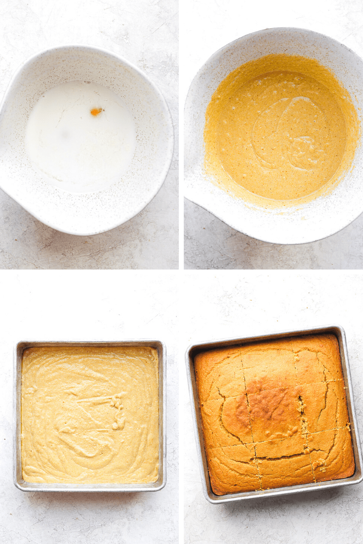 Four photos showing the wet ingredients, the batter in a bowl, the batter in a pan, and the fully baked cornbread.