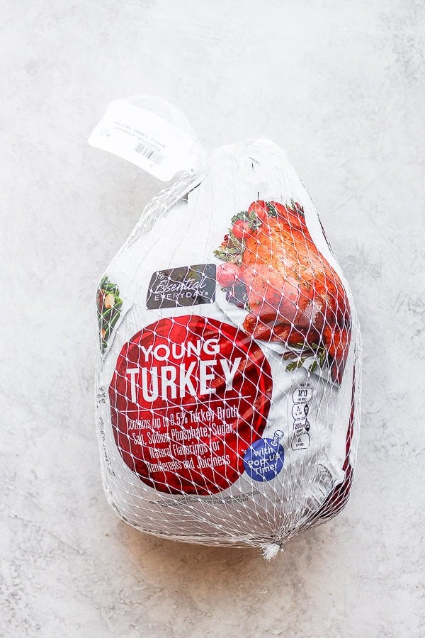 A whole packaged turkey. 