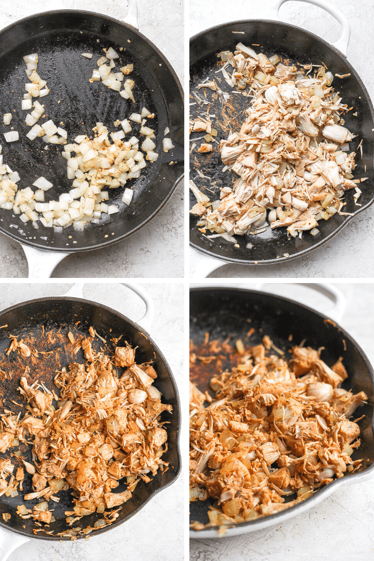 Four images showing the process of cooking the jackfruit filling in a cast iron skillet.