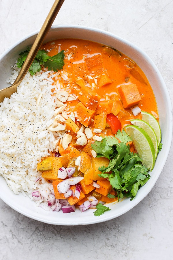 Easy Sweet Potato Curry in bowl with rice. 