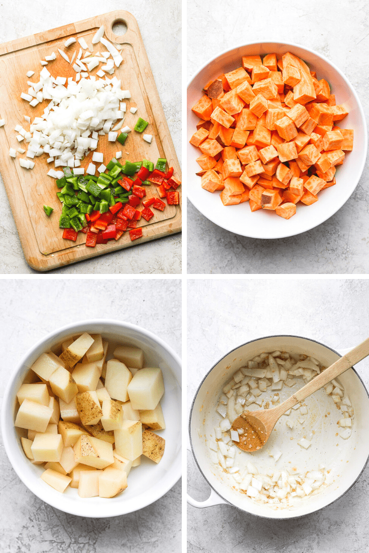 Four images showing all the vegetables diced or cubed and the garlic/onion sautéing in the pot.