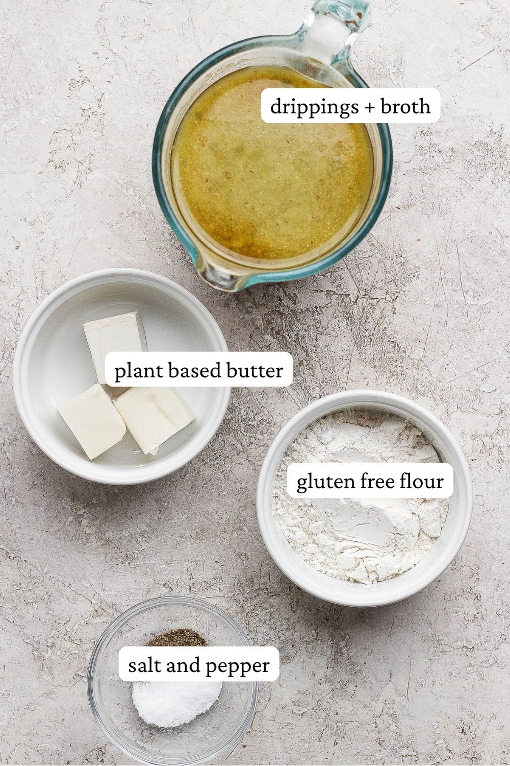 The ingredients for gluten and dairy free gravy separated out into individual bowls. 