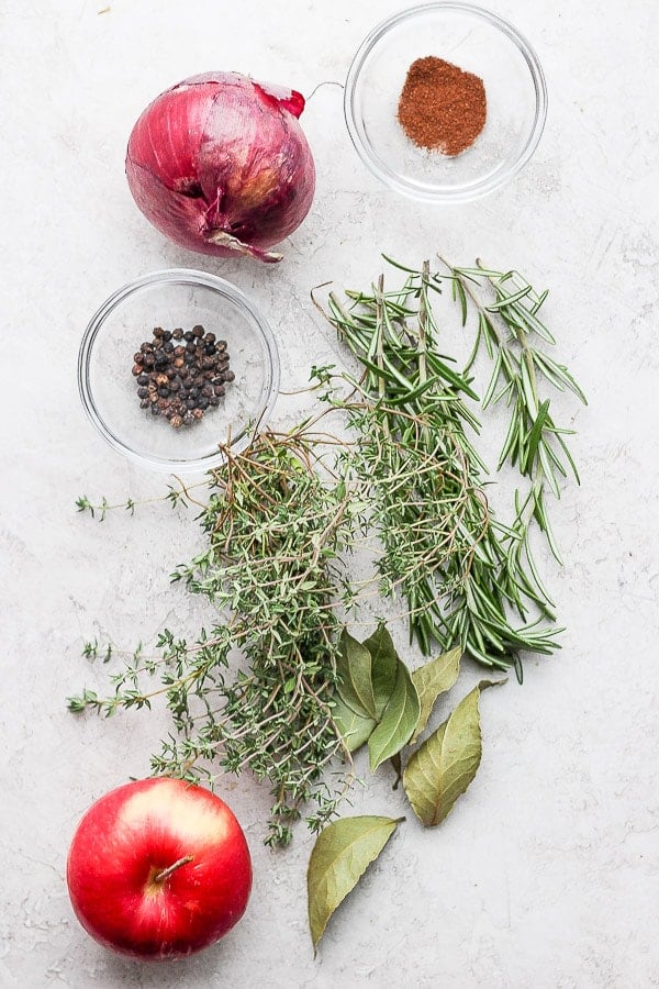 Top down shot of the ingredients for a brine. 