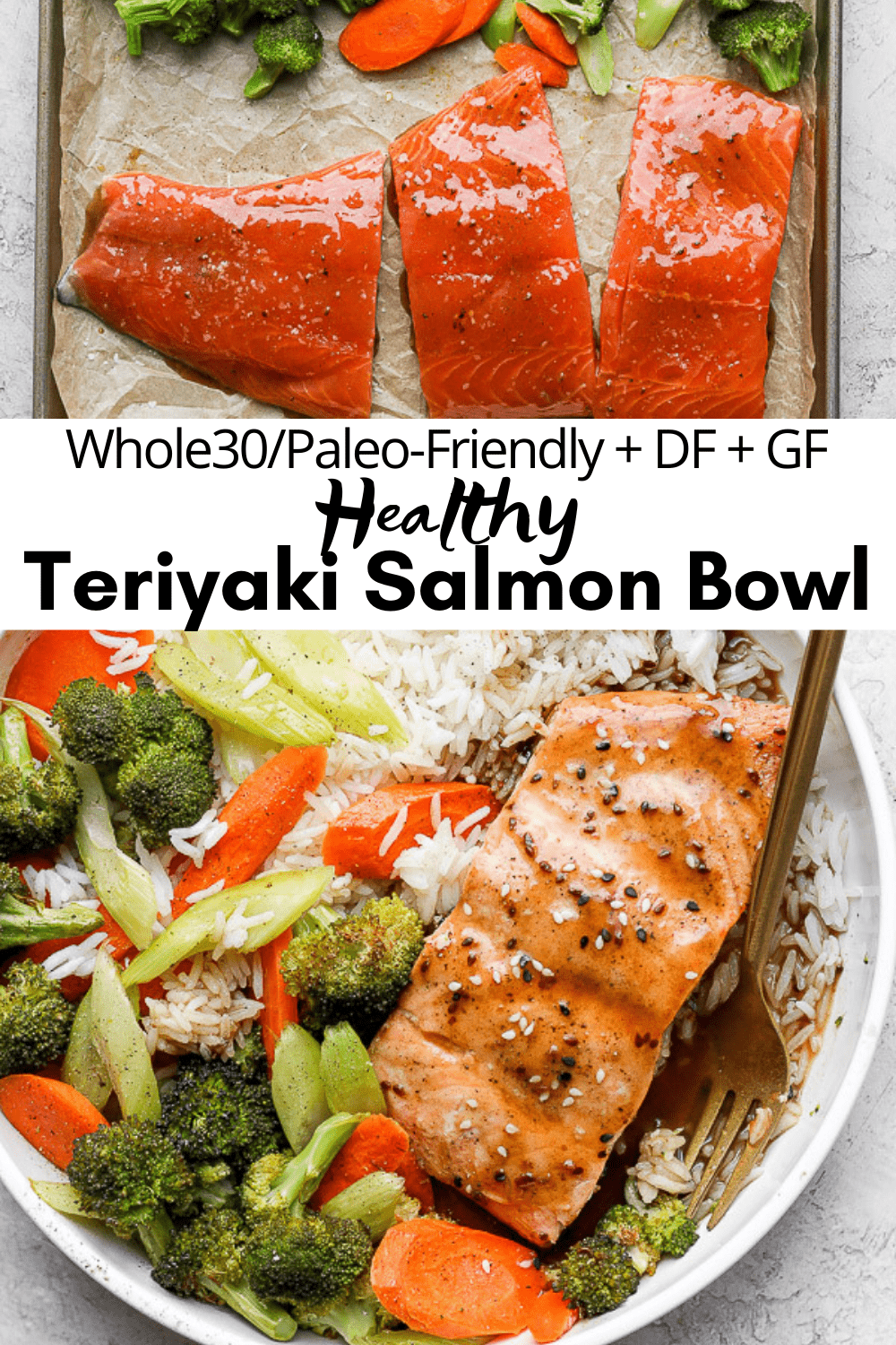 Pinterest image for teriyaki salmon bowls.