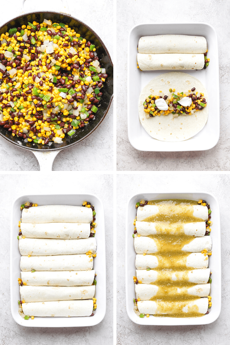 Four photos showing the process of compiling vegan enchiladas. 