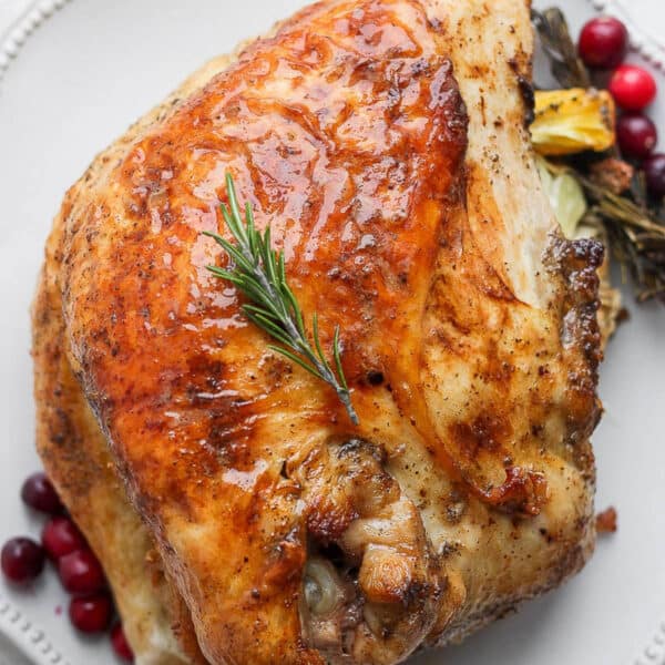 A top shot of a roasted turkey breast on a plate.