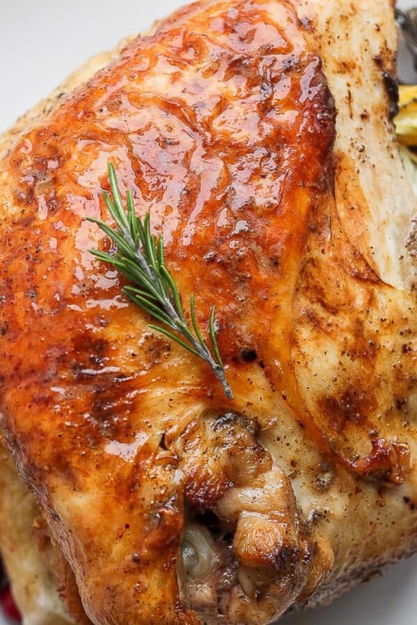 A top shot of a roasted turkey breast on a plate.