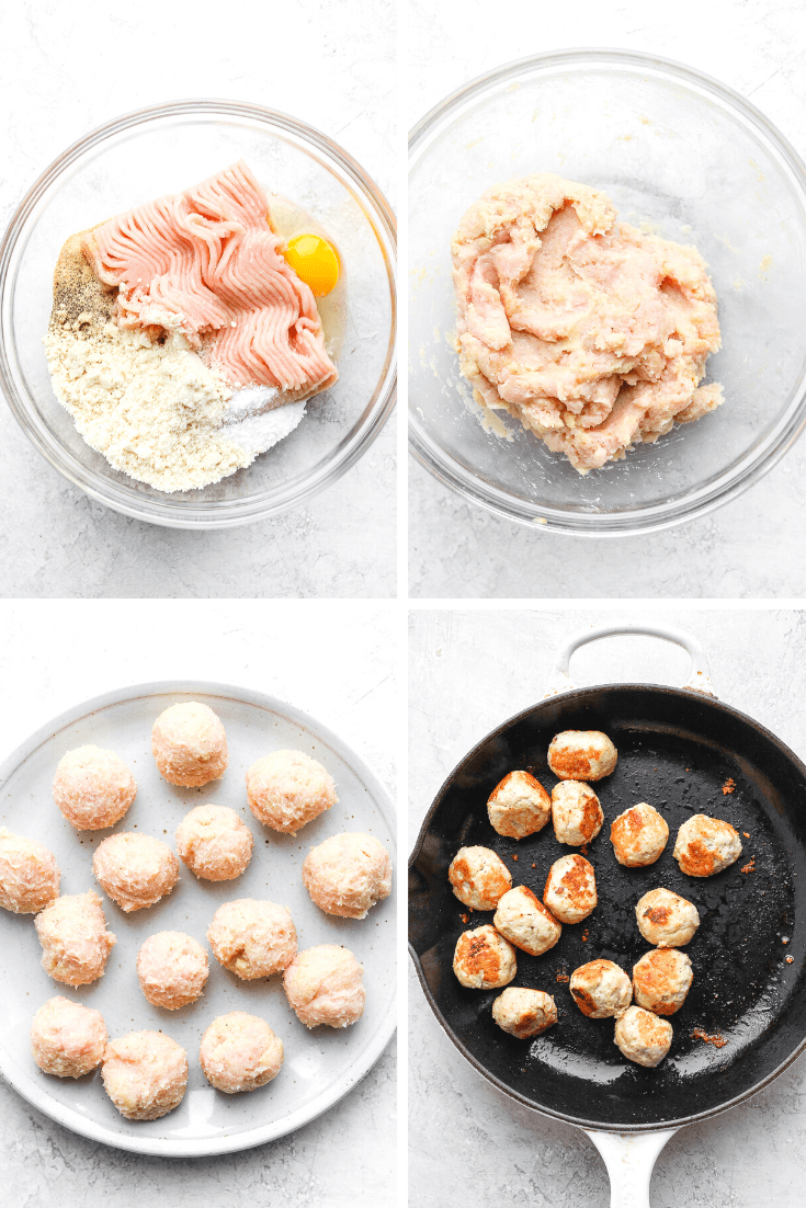 Four images showing meatball ingredients in a mixing bowl, mixed together, formed into meatballs, and searing in a cast iron skillet.