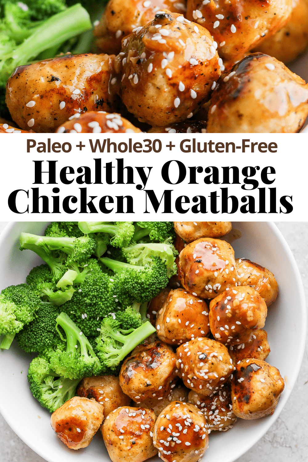 Pinterest image for orange chicken meatballs.