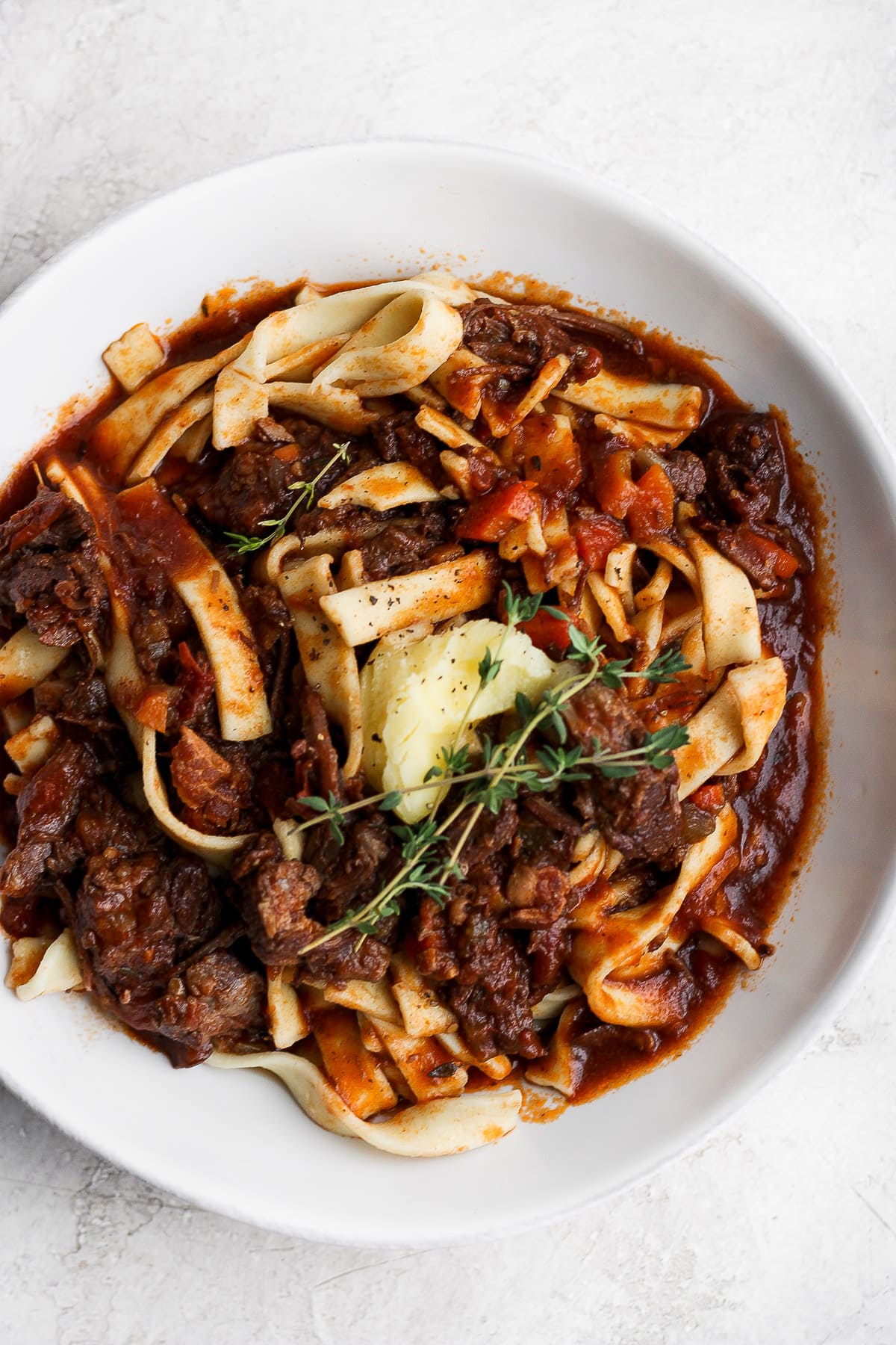 Bowl of beef ragu with pasta. 