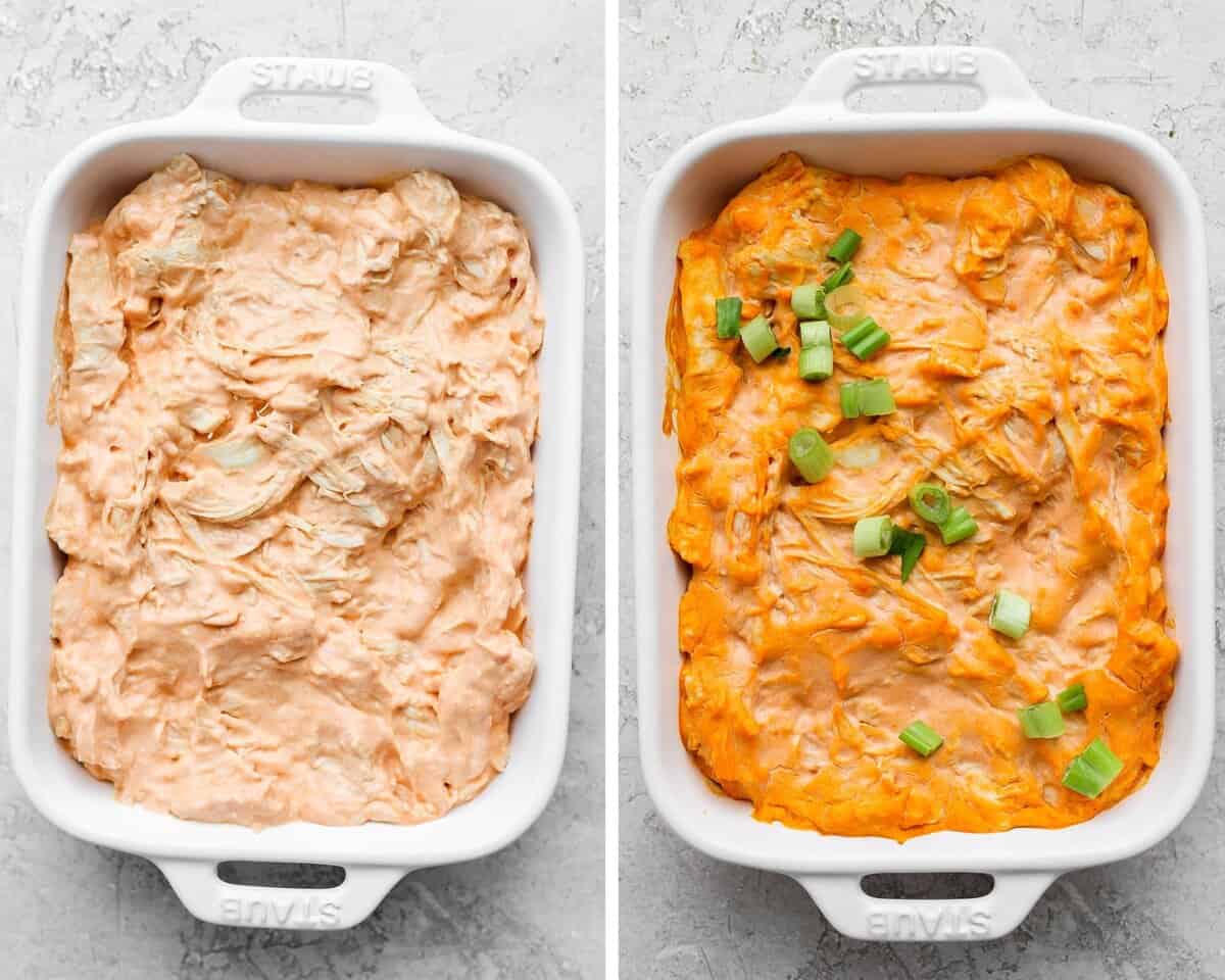 Two pictures side by side: one with buffalo chicken dip in a small baking dish unbaked and one after baking with green onion on top.