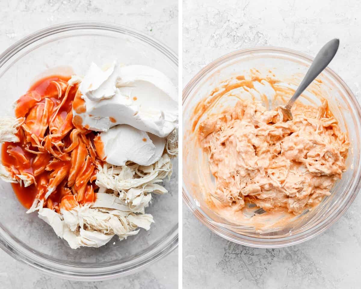 Two pictures side by side: one with ingredients for buffalo chicken dip unmixed and one mixed in a bowl with a spoon sticking out.