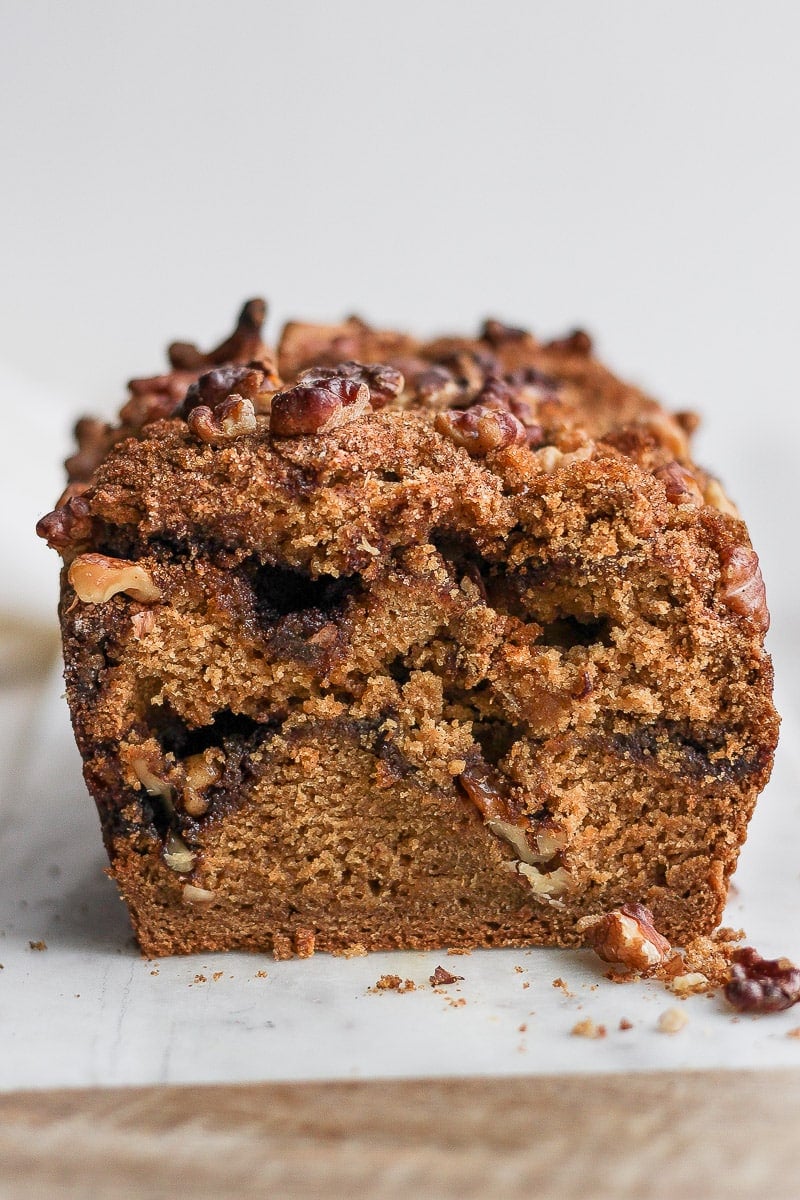 Loaf of gluten-free coffee cake. 