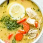 A bowl of Greek lemon chicken soup.