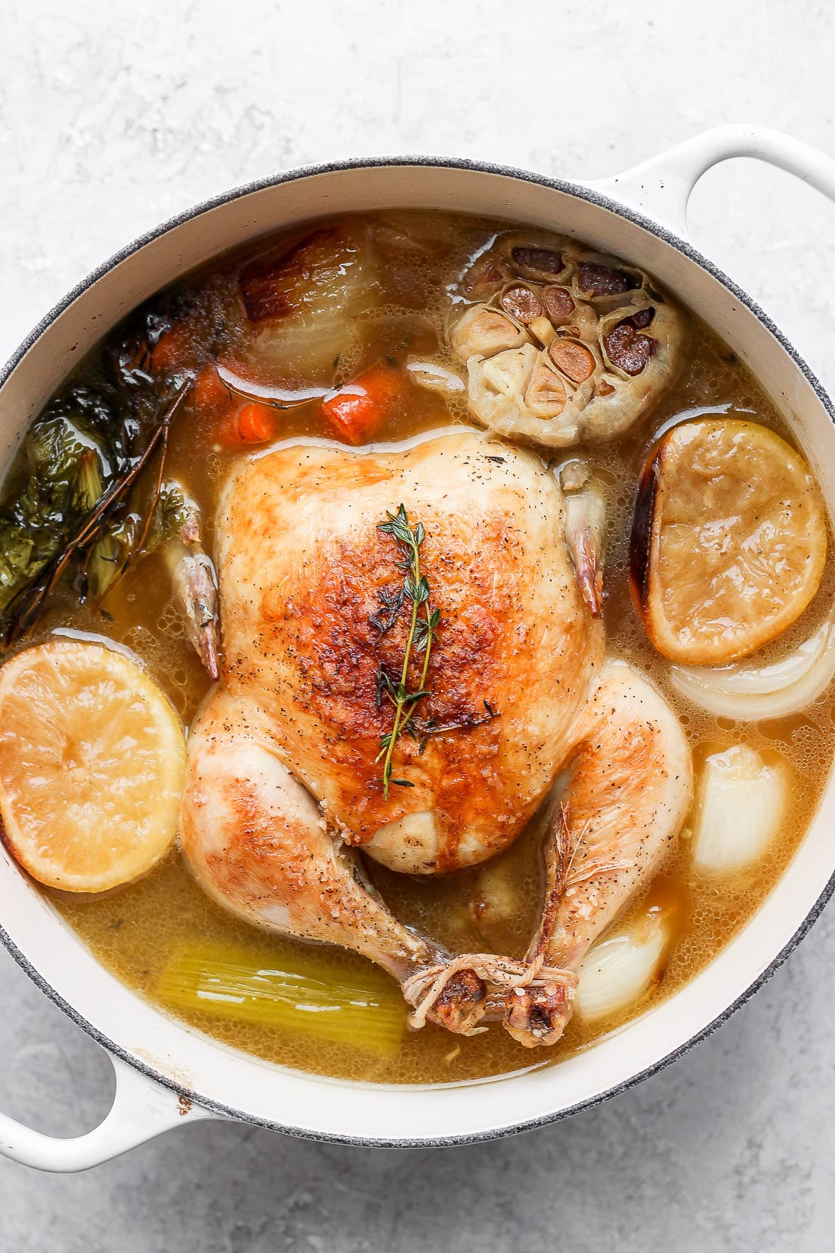 Roasted chicken in broth. 