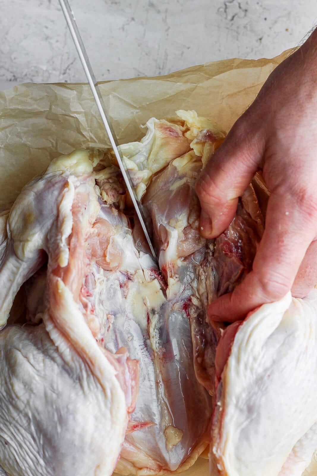A close-up of cutting a slit in the top of the breastbone. 