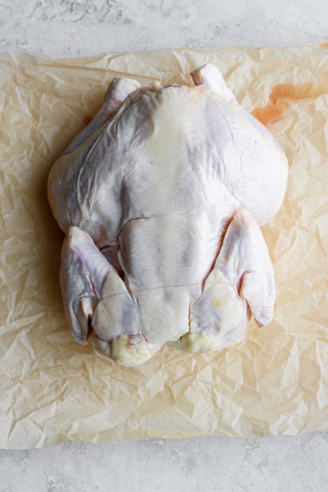 A whole, raw chicken flipped over so they breast side is down. 