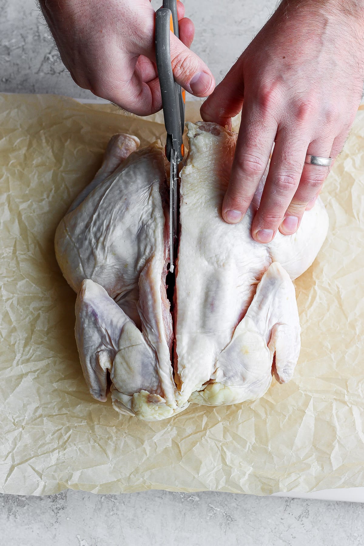 Showing cutting along one side of the chicken's backbone while spatchcocking. 