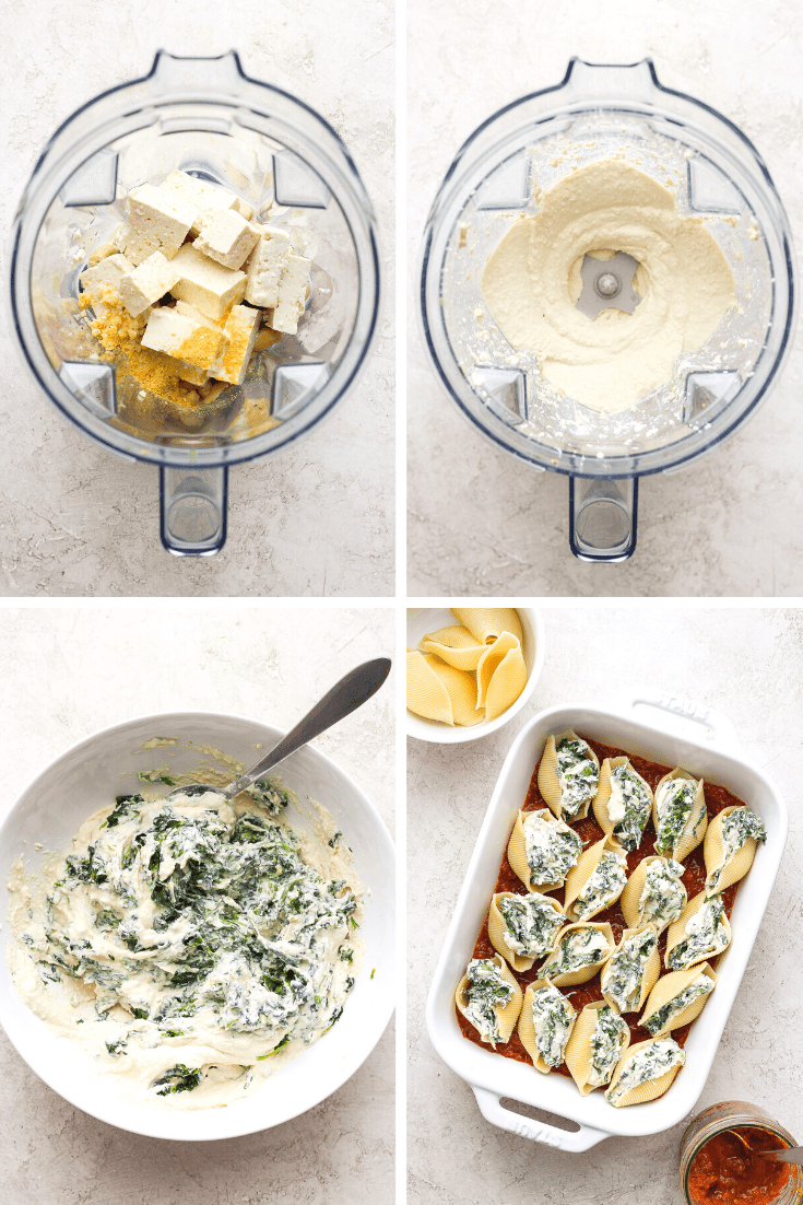 Four images of the dairy-free ricotta being made in a food processor, the ricotta being mixed with spinach in a bowl, and it stuffed in the jumbo shells.