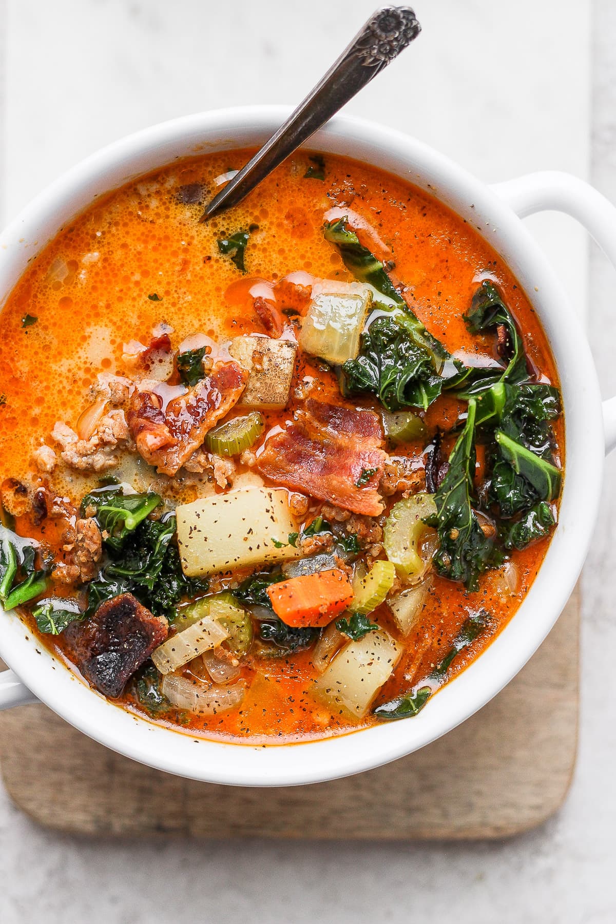 Bowl of Whole30 Zuppa Toscana Soup. 