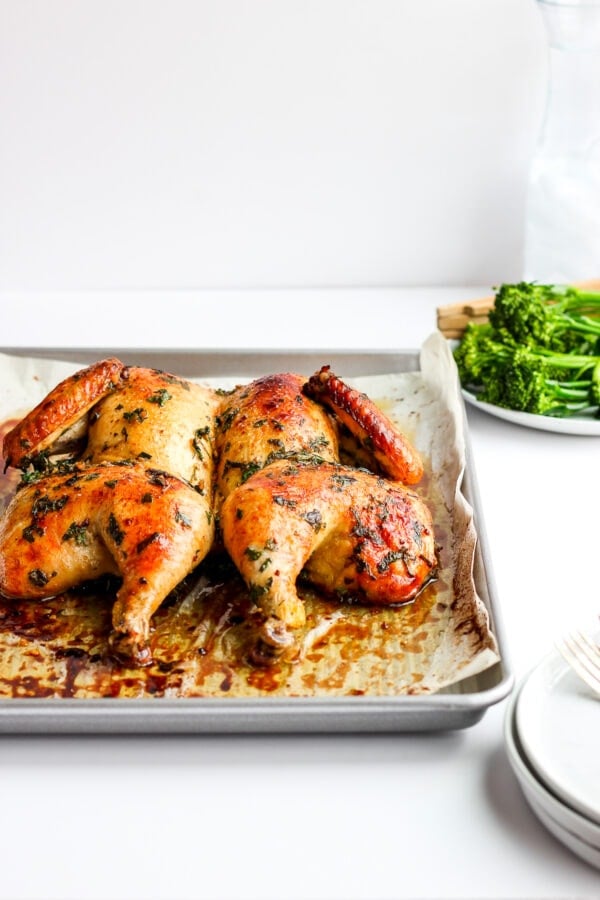 Pan with a baked, butterflied chicken and a plate of broccolini in the background.