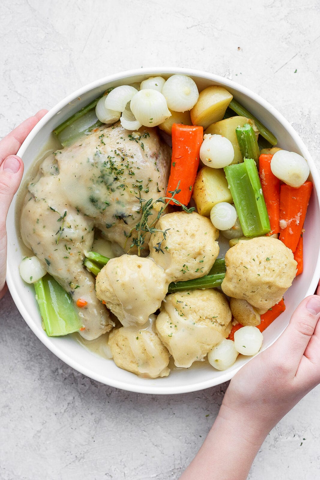 Bowl of chicken and dumplings with gravy on top. 