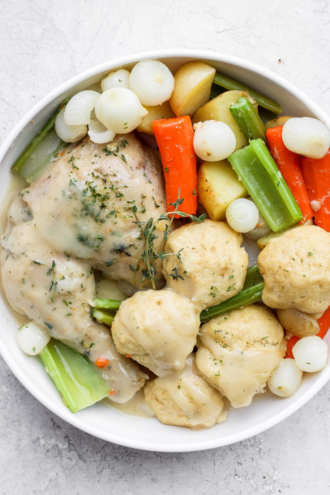 Bowl of chicken and dumplings. 