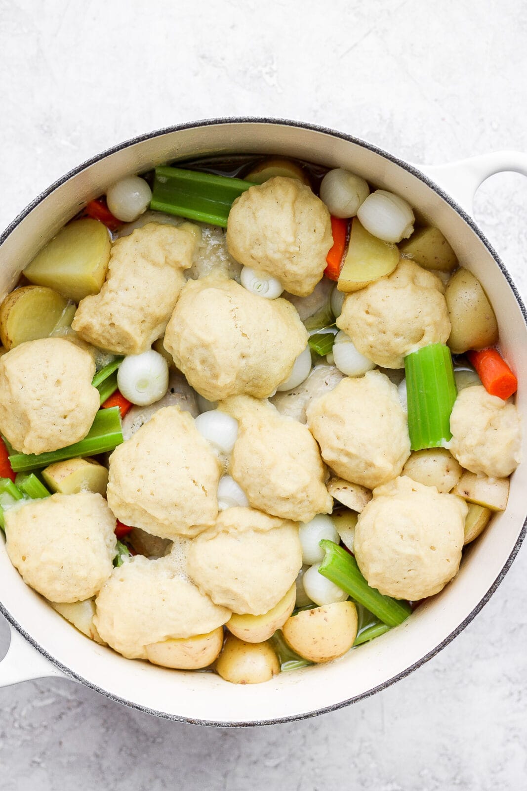 Dutch Oven filled with chicken and dumplings. 