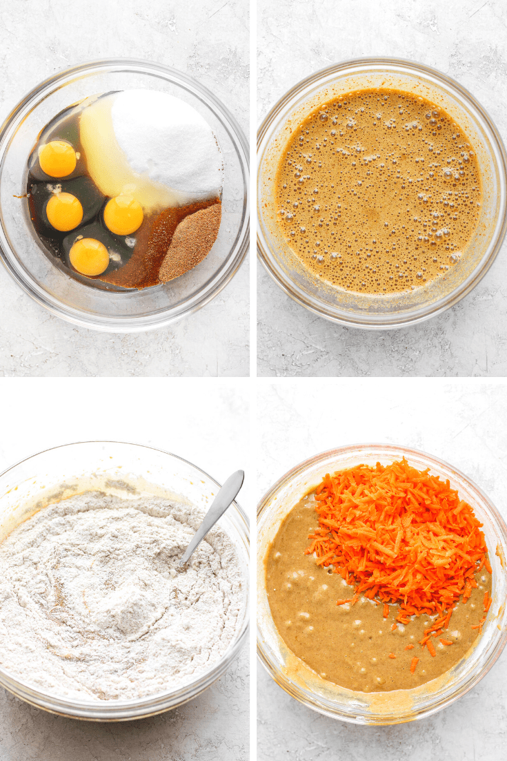 Four images that show the mixing of wet ingredients, addition of dry ingredients and carrots for gluten free carrot cake.