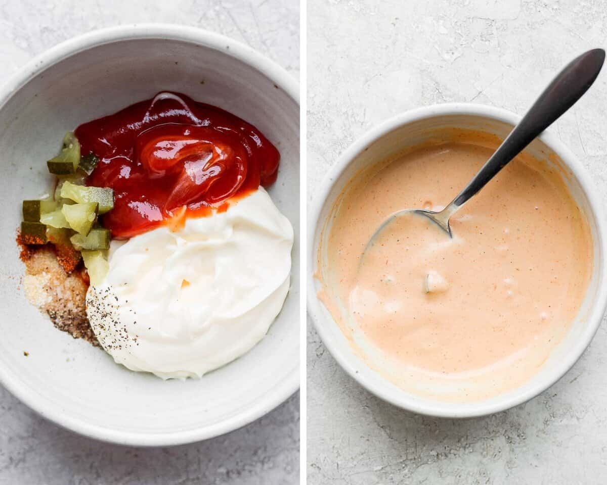Two photos side by side: one with burger sauce ingredients unmixed and one with burger sauce ingredients mixed with a spoon in a bowl.