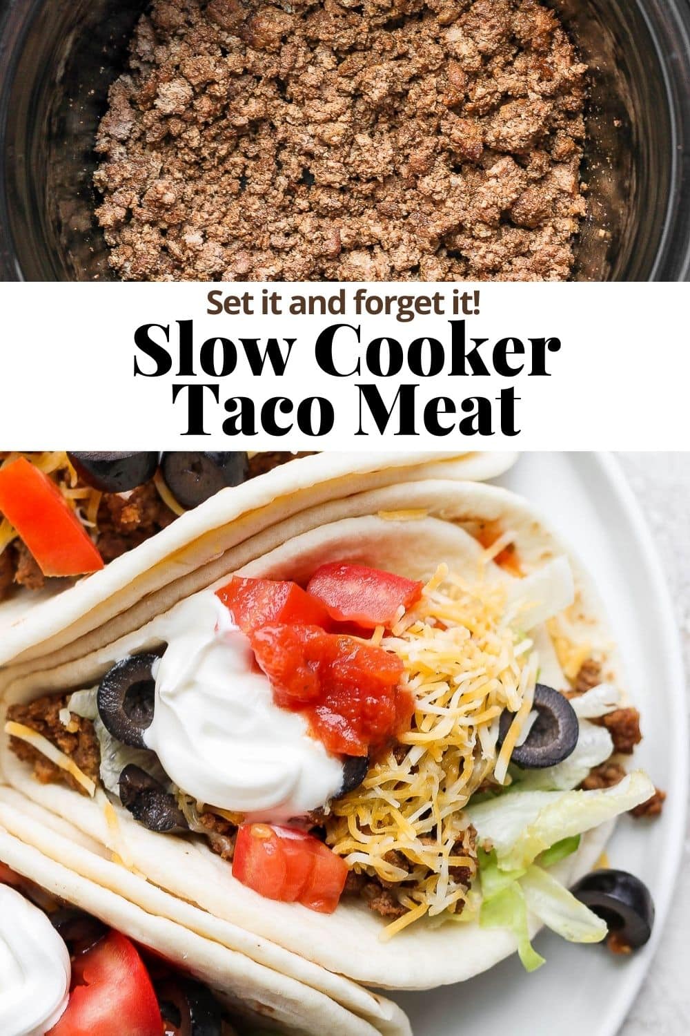 Pinterest image for crockpot taco meat.