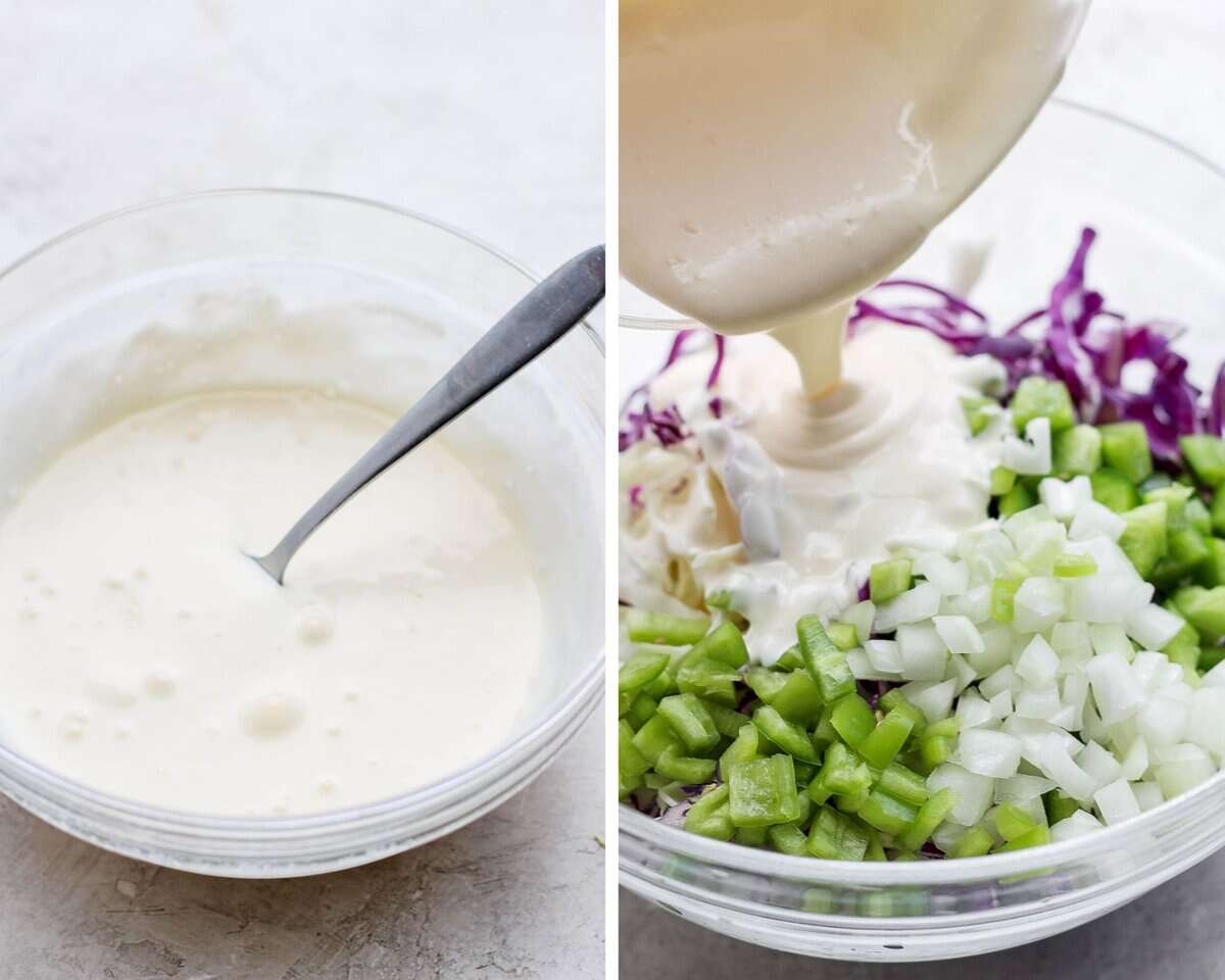 Two pictures side by side: one with coleslaw sauce in a bowl and one of someone pouring the sauce over a bowl of diced green bell peppers, white onion and purple cabbage.
