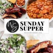 Images for smoked ribs, purple cabbage coleslaw, smoked baked beans, a plate with all of them, and the title "Sunday Supper".