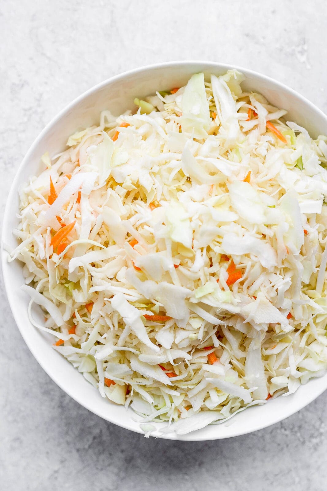 Bowl of coleslaw mix and diced onions.