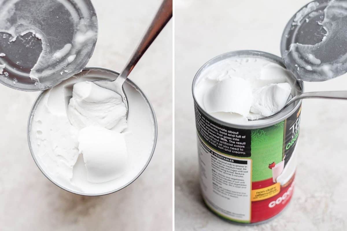 A spoon scooping coconut cream out of a can.