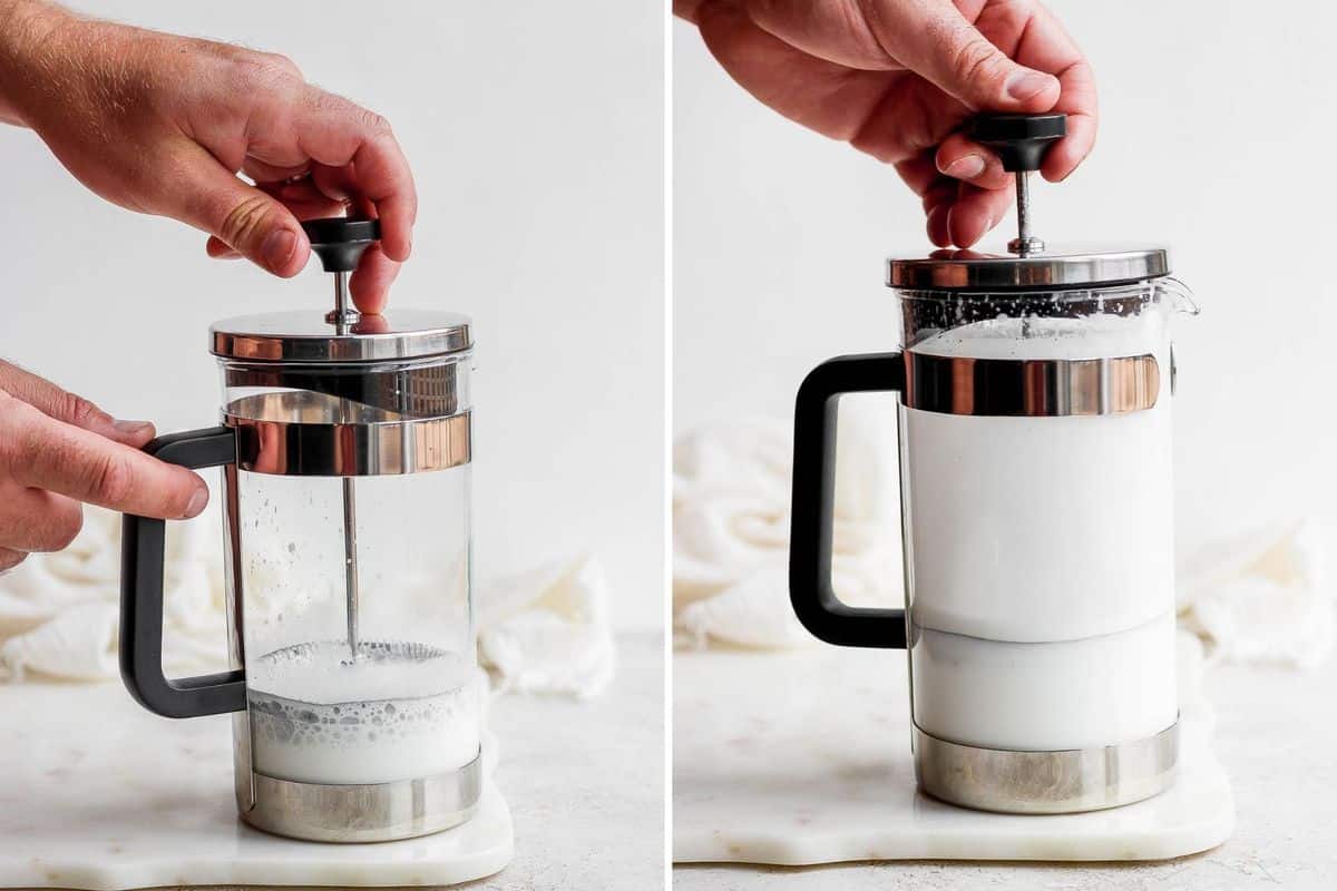 Two pictures side-by-side showing the process of frothing milk in a French press. 