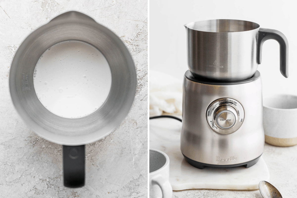 Two pictures side-by-side showing a Breville milk frother as another way to make cold foam. 