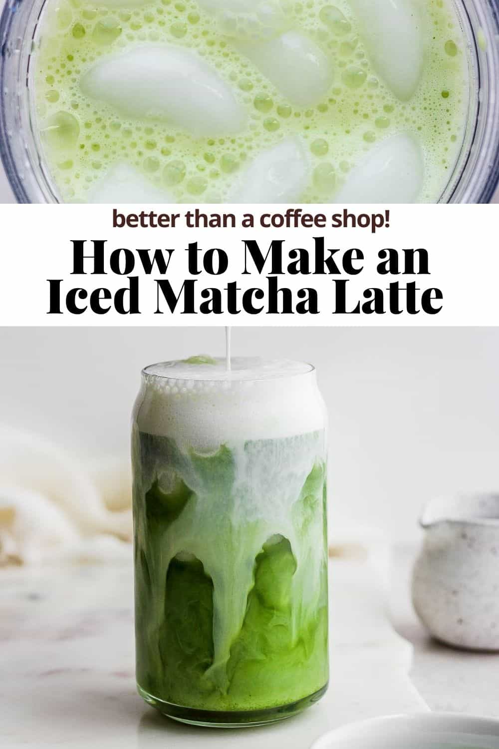 Pinterest pin for an iced matcha latte. 