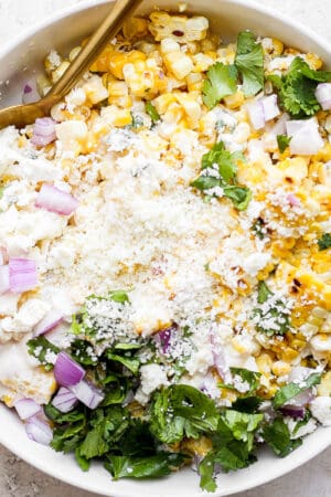 Bowl of mexican street corn salad.