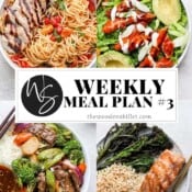 Images for chicken bruschetta pasta, crispy buffalo chicken salad, steak stir fry, and grilled salmon with the title "weekly meal plan #3".