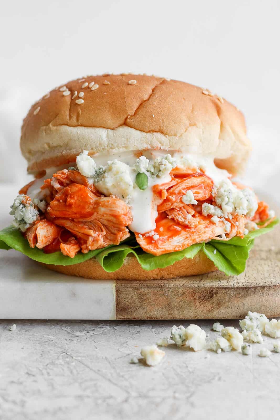 Buffalo chicken sandwich with all the toppings.