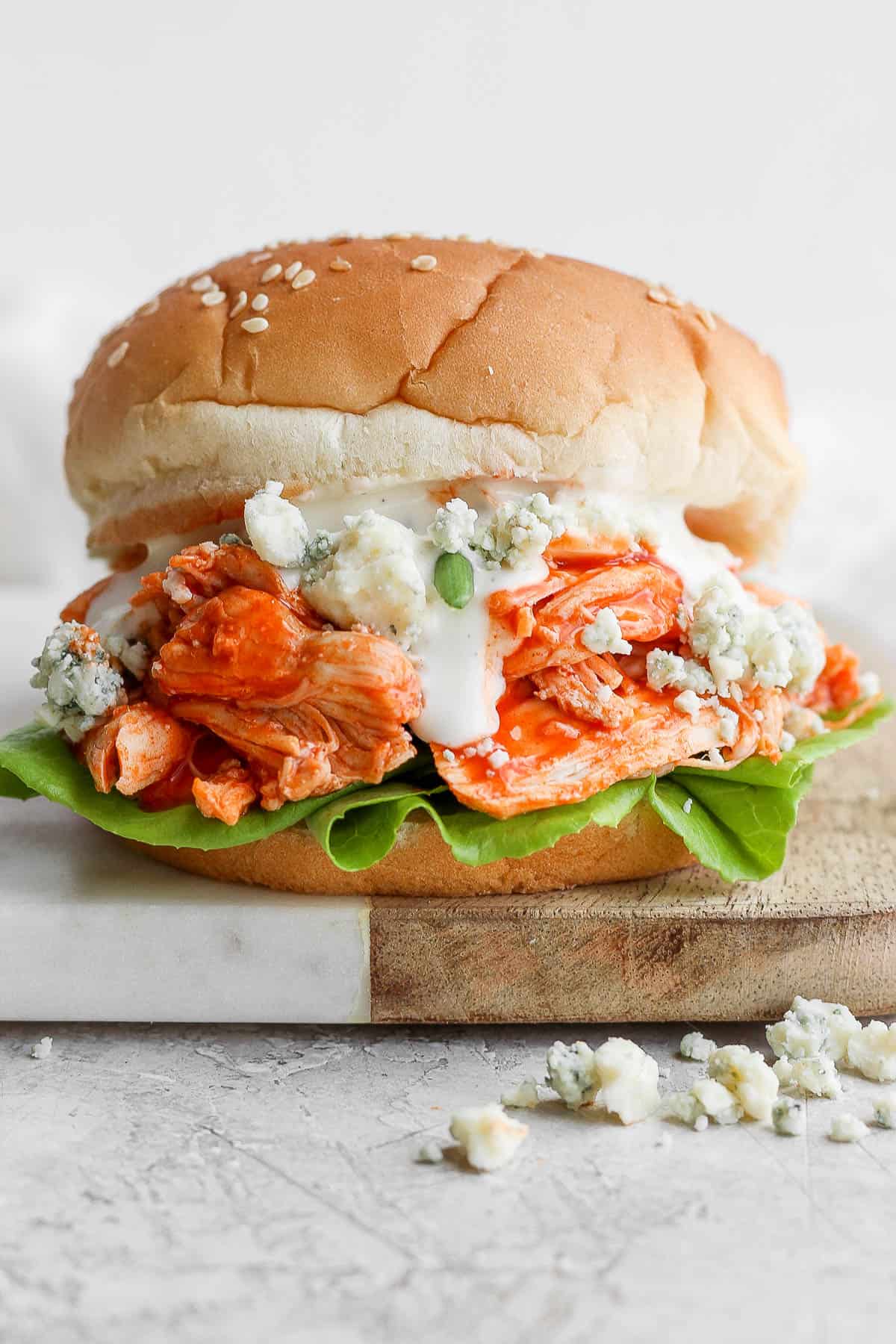 Buffalo chicken sandwich with all the toppings.