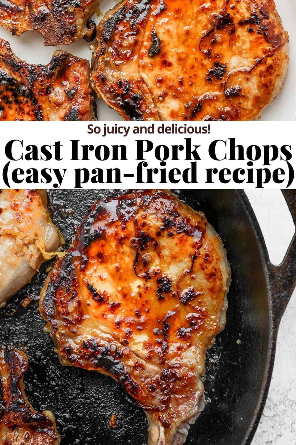 Pinterest image for cast iron pork chops.