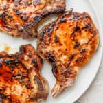 A plate of cast iron skillet pork chops.