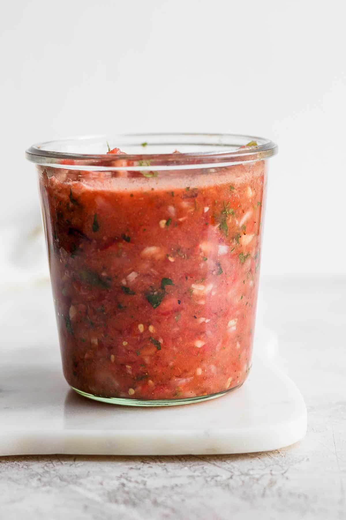 Jar of blender salsa. 