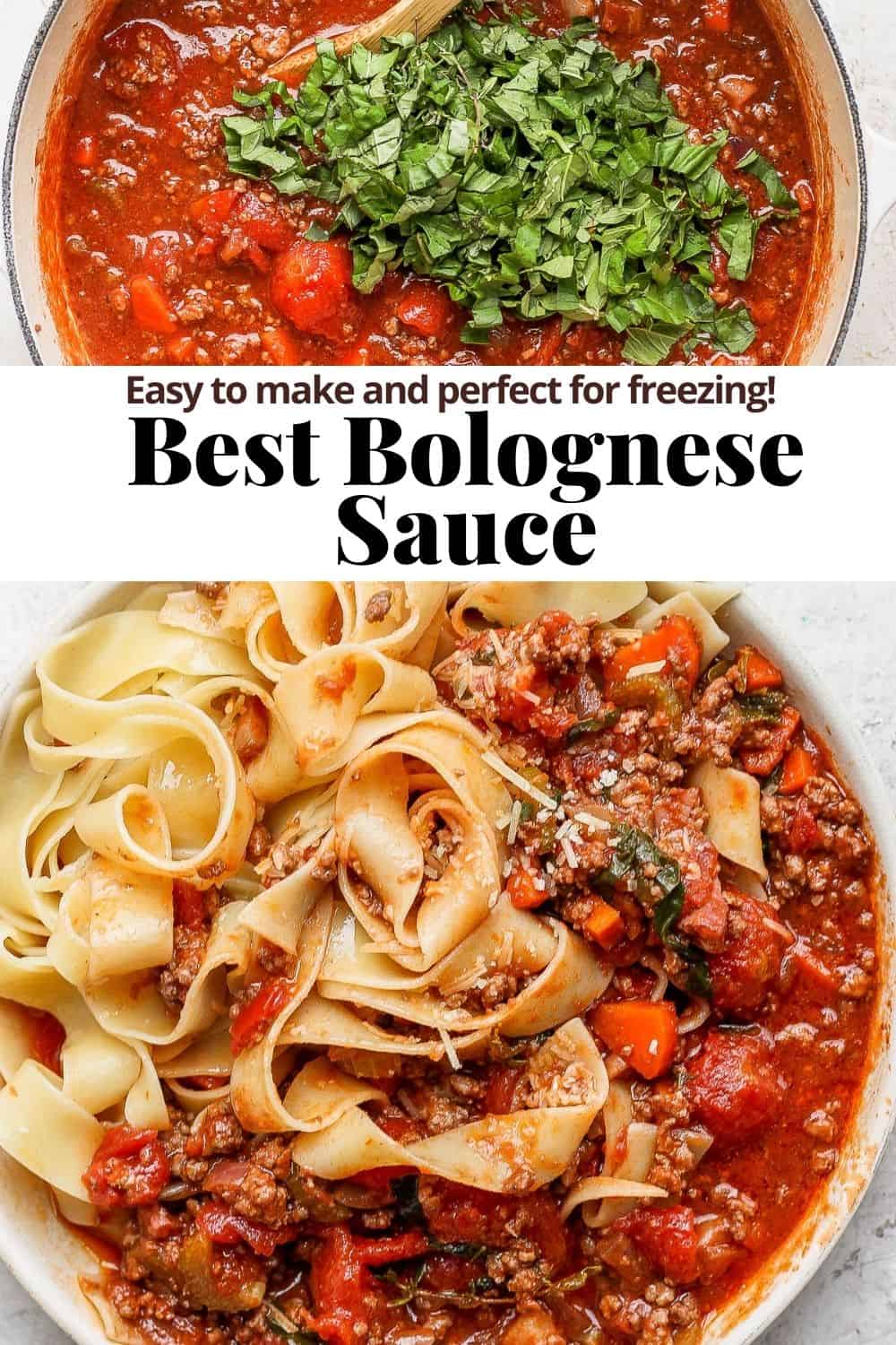 Pinterest image for pappardelle bolognese sauce.