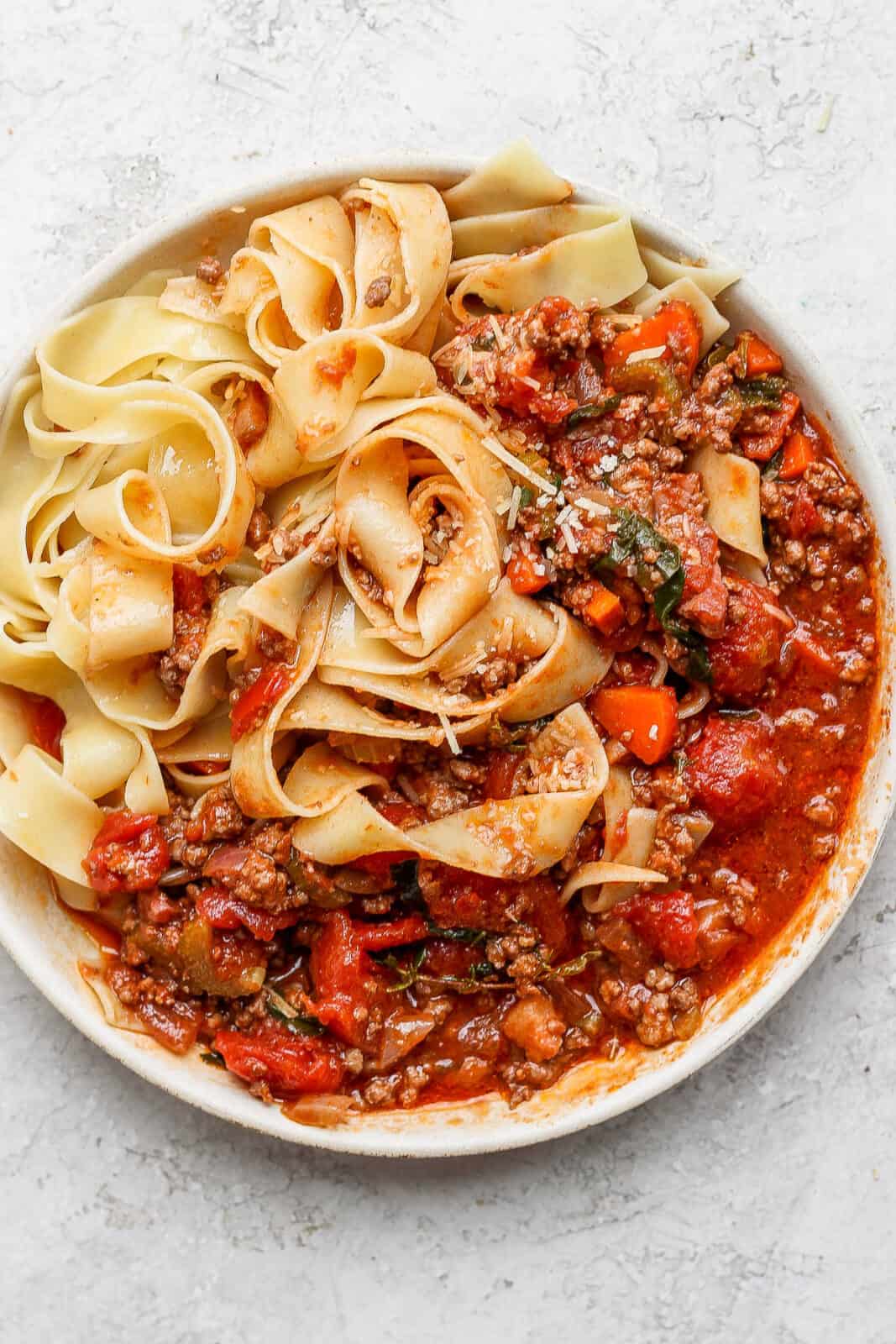 Bowl of Pappardelle Bolognese.